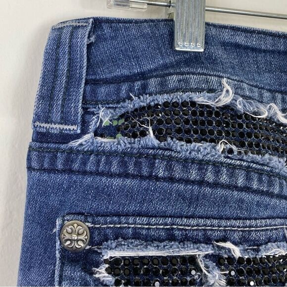 Miss Me Dark Wash Low Rise Rhinestone Embellished Flap Pocket Bootcut Jeans - Picture 5 of 8